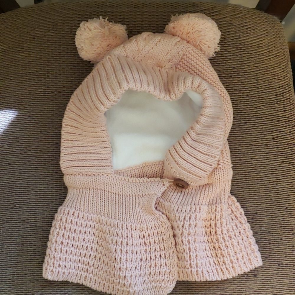 Light Pink Bear Pom Pom Cable Knit Cozy Cold Weather Hat